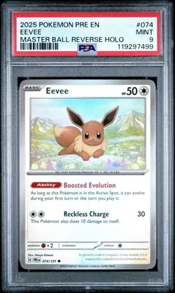 2025 POKEMON PRE EN-PRISMATIC EVOLUTIONS MASTER BALL REVERSE HOLO EEVEE PSA 9 - Image 1
