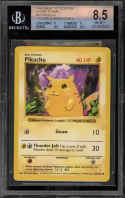 GHOST STAMP ERROR Pikachu 58/102 1st Edition Pokemon Base Set BGS 8.5 NM/Mint+ - Image 1