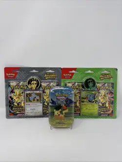 Pokemon Ascended Heroes 2 Pack Blister Larry & Erika LOT OF 2 Plus 1) Tin Pikac - Image 1