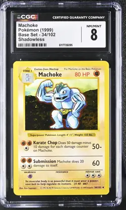 Pokemon Card Machoke 34/102 Shadowless Base Set 1999 CGC 8 NM/M - Image 1