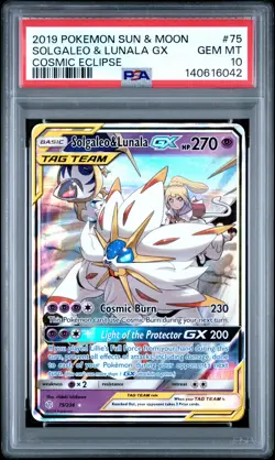 2019 POKEMON SUN & MOON COSMIC ECLIPSE #75 SOLGALEO & LUNALA GX PSA 10 - Image 1