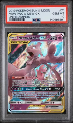 2019 POKEMON SUN & MOON UNIFIED MINDS #71 MEWTWO & MEW GX PSA 10 - Image 1