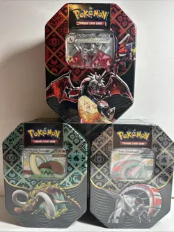 Pokemon Scarlet & Violet Paldean Fates Charizard Iron Treads and Great Tusk Tins - Image 1