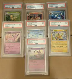 7x 2025 Pokemon Prismatic Evolutions Costco Mini Tin Promo Cards PSA 9 - Image 1