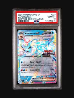 2025 POKEMON PRISMATIC EVOLUTIONS #023/131 VAPOREON EX SURPRISE BOX PROMO PSA 10 - Image 1
