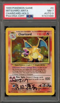 Pokemon Charizard Base Set Unlimited Holo Rare #4 Mitsuhiro Arita Auto 9 PSA 7 - Image 1