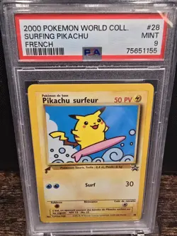 PSA 9 2000 POKEMON PIKACHU WORLD COLLECTION | FRENCH SURFING PIKACHU 28 - Image 1