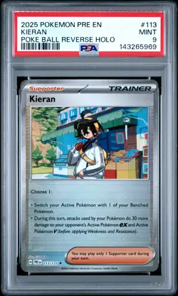 2025 Pokemon Prismatic Evolutions #113 Kieran Poke Ball Reverse Holo PSA 9 - Image 1