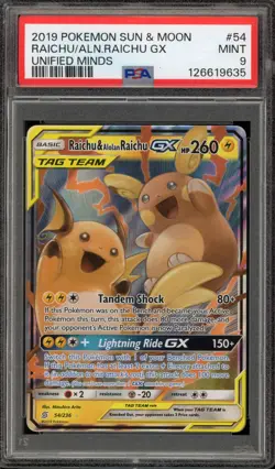 Pokemon Raichu & Alolan Raichu GX Unified Minds Holo Ultra Rare #54 PSA 9 Mint - Image 1