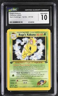 CGC GEM MINT 10 Pokemon Koga's Kakuna 47/132 2000 Gym Challenge 1st Edition - Image 1