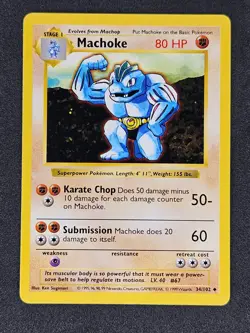Shadowless Machoke Uncommon 34/102 Shadowless Base Set 1999 WOTC Pokemon Card LP - Image 1