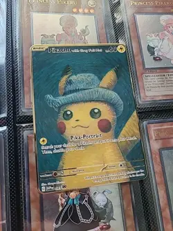 Pikachu With Grey Felt Hat Van Gogh Gold Metal Card Collectible Gift Display - Image 1