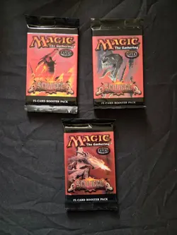 MTG SCOURGE release, SEALED, English booster packs X3, one of each pack art 2003 - Image 1