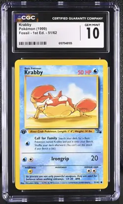 CGC GEM MINT 10 Pokemon Krabby 51/62 1999 Fossil 1st Edition - Image 1