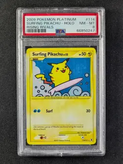 2009 Pokemon SURFING PIKACHU 114/111 Rising Rivals Cosmos Holo Secret Rare PSA 8 - Image 1