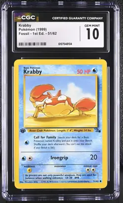 CGC GEM MINT 10 Pokemon Krabby 51/62 1999 Fossil 1st Edition - Image 1