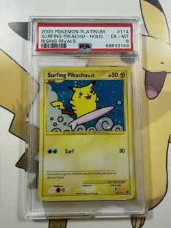 2009 POKEMON PLATINUM RISING RIVALS #114 SURFING PIKACHU-HOLO PSA 6 Swirl 💫 - Image 1