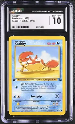 CGC GEM MINT 10 Pokemon Krabby 51/62 1999 Fossil 1st Edition - Image 1