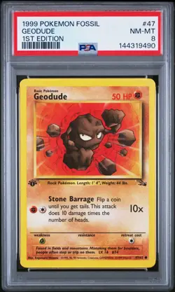 PSA 8 1st Edition Geodude Pokemon Fossil 1999 Common #47 Near Mint Fresh Slab - Image 1