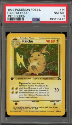 Pokemon Raichu Fossil 1st Edition Holo Rare #14 PSA 8 - Image 1