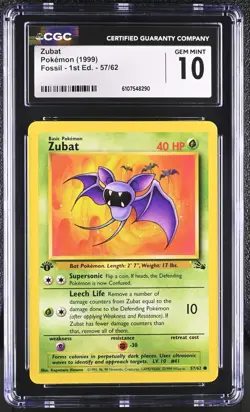 CGC GEM MINT 10 Pokemon Zubat 57/62 1999 Fossil 1st Edition - Image 1