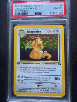 1999 POKEMON FOSSIL 1ST ED #4 DRAGONITE-HOLO PSA 8 NM/M - Image 1