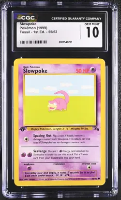 CGC GEM MINT 10 Pokemon Slowpoke 55/62 1999 Fossil 1st Edition - Image 1