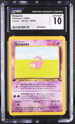 CGC GEM MINT 10 Pokemon Slowpoke 55/62 1999 Fossil 1st Edition - Image 1