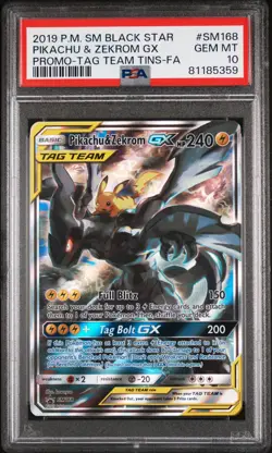 2019 Pokemon Black Star Promo Pikachu & Zekrom Gx #SM168 PSA 10 Tag Team Tins - Image 1