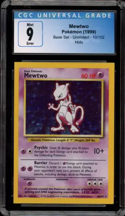 Pokemon Mewtwo Base Set Unlimited Holo Rare #10 Square Cut Error CGC 9 Mint - Image 1