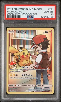 2019 POKEMON SUN & MOON COSMIC ECLIPSE SECRET #241 FULL ART/PIKACHU PSA 10 - Image 1