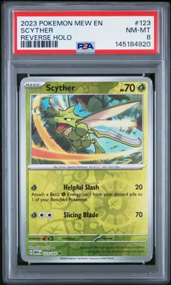 2023 POKEMON MEW EN-151 REVERSE HOLO #123 SCYTHER PSA 8 - Image 1