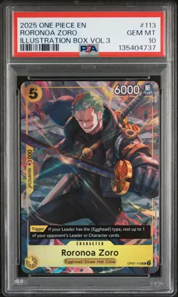 2025 ONE PIECE PROMOS ILLUSTRATION BOX VOL.3 #113 RORONOA ZORO PSA 10 - Image 1