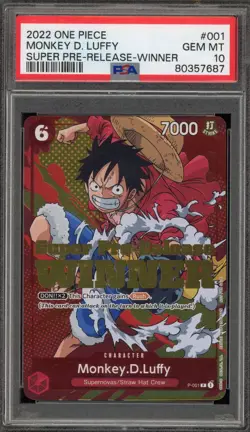 One Piece CCG Monkey.D.Luffy Super Pre-Release Winner P-001 PSA 10 Gem Mint - Image 1