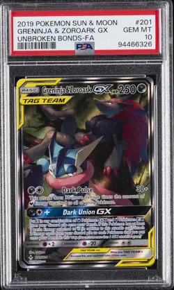 2019 POKEMON SUN & MOON UNBROKEN BONDS FULL ART/GRENINJA & ZOROARK GX PSA 10 - Image 1