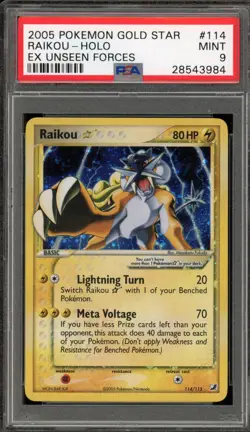 Pokemon Raikou Gold Star EX Unseen Forces Holo Ultra Rare #114 PSA 9 Mint - Image 1