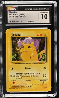 CGC GEM MINT 10 Pokemon Pikachu 58/102 1999 Base Set Unlimited - Image 1