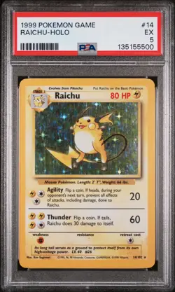 1999 POKEMON BASE SET UNLIMITED #14 RAICHU-HOLO PSA 5 - Image 1