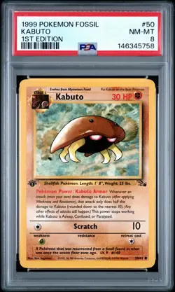 1999 POKEMON FOSSIL 1ST ED #50 KABUTO PSA 8 - Image 1