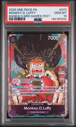 2025 ONE PIECE PROMOS BANDAI CARD GAMES FEST #073 MONKEY D. LUFFY PSA 10 - Image 1