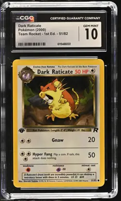 CGC GEM MINT 10 Pokemon Dark Raticate 51/82 2000 Team Rocket 1st Edition - Image 1