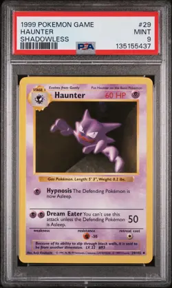 1999 POKEMON BASE SET SHADOWLESS #29 HAUNTER PSA 9 - Image 1