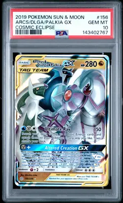2019 POKEMON SUN & MOON COSMIC ECLIPSE #156 ARCEUS & DIALGA & PALKIA GX PSA 10 - Image 1