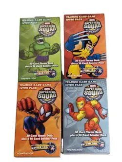 4x Marvel Super Hero Squad Cards Intro Packs Hulk/Iron Man/Spiderman/Wolverine - Image 1