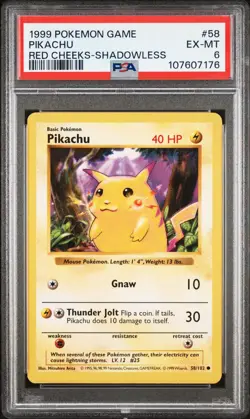 Pikachu Red Cheeks - 58/102 - 1999 Common Base Set Shadowless Pokemon Card PSA 6 - Image 1