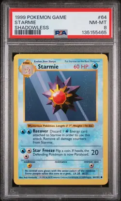 1999 POKEMON BASE SET SHADOWLESS #64 STARMIE PSA 8 - Image 1