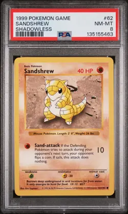 1999 POKEMON BASE SET SHADOWLESS #62 SANDSHREW PSA 8 - Image 1