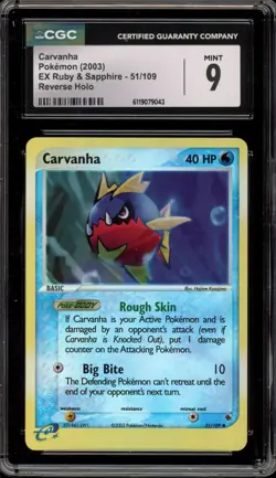Pokemon Carvanha EX Ruby & Sapphire Reverse Holo #51 CGC 9 Mint - Image 1