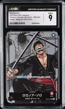2022 ONE PIECE PREM COLL 25TH ANV JPN MANGA ALT ART #OP01-001 RORONOA ZORO CGC 9 - Image 1