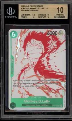 One Piece CCG Monkey.D.Luffy 3rd Anniversary! Promo OP07-033 BGS 10 Pristine - Image 1